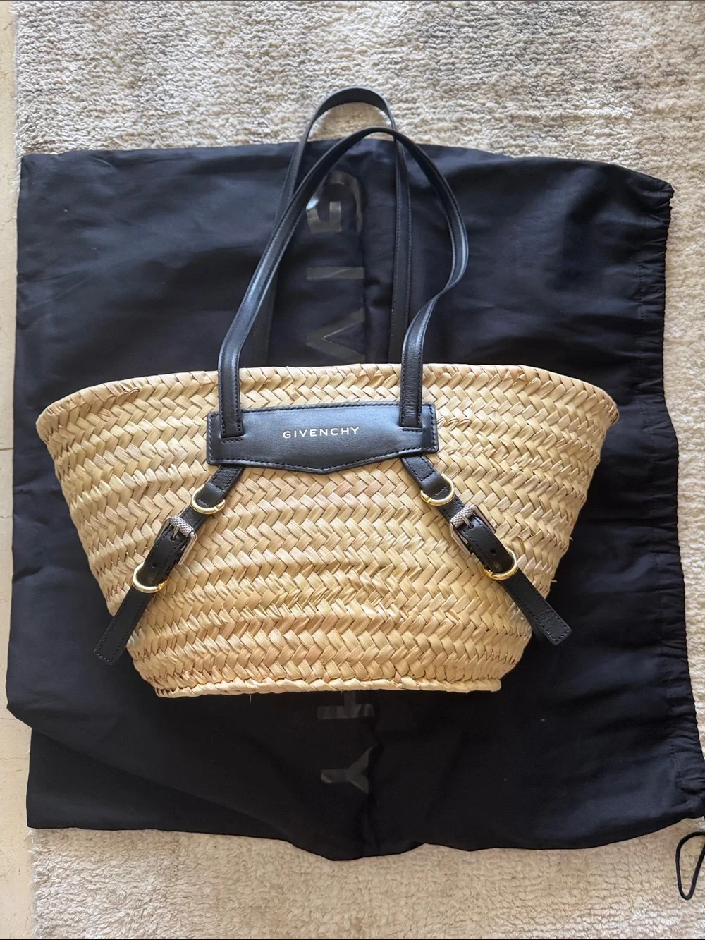 Givenchy Natural Straw Basket Tote with Black Leather Accents